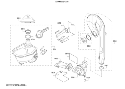 Container/Fan/Ventilation Duct Diagram and Parts List for SHXM88Z75N 01 Bosch Dishwasher