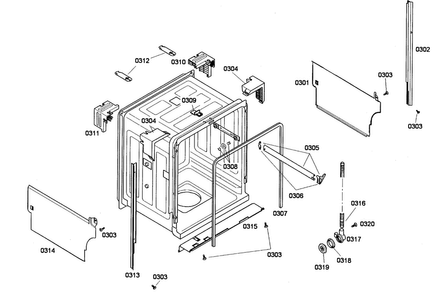 Cabinet Diagram and Parts List for SHE44C07UC 48 Bosch Dishwasher