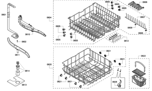 Baskets Diagram and Parts List for SHE33P06UC 56 Bosch Dishwasher