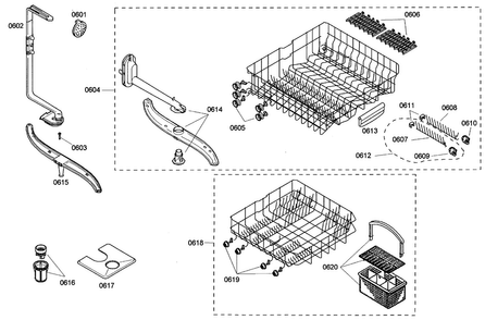 Baskets Diagram and Parts List for SHE44C06UC 40 Bosch Dishwasher