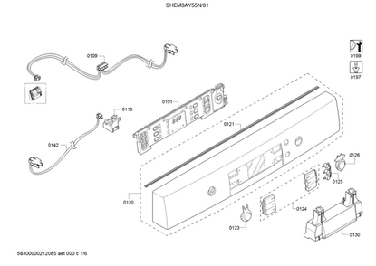 Fascia Panel/Wire Harness/Main Switch Diagram and Parts List for SHEM3AY55N 01 Bosch Dishwasher
