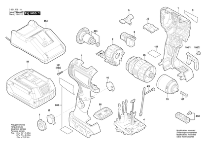 Figure 1 Diagram and Parts List for 3601JK6110 GSB18V-800C Bosch Cordless Drill