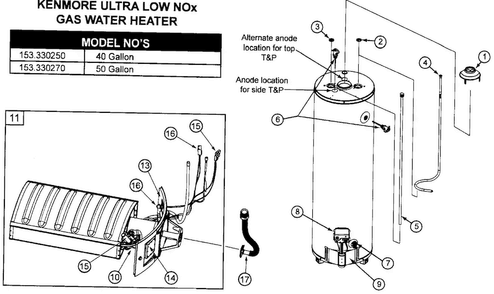 Heater Assy Diagram and Parts List for 153330250  Kenmore Water Heater