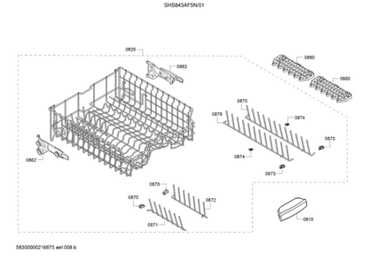 Upper Racks Diagram and Parts List for SHS843AF5N 01 Bosch Dishwasher