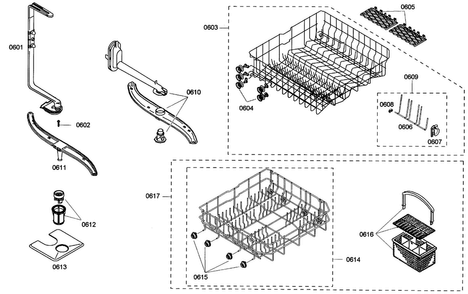 Baskets Diagram and Parts List for SHE33M05UC 50 Bosch Dishwasher