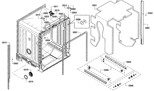 Cabinet Diagram and Parts List for SHE6AP02UC 03 Bosch Dishwasher