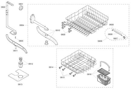 Baskets Diagram and Parts List for SHE43C06UC 40 Bosch Dishwasher