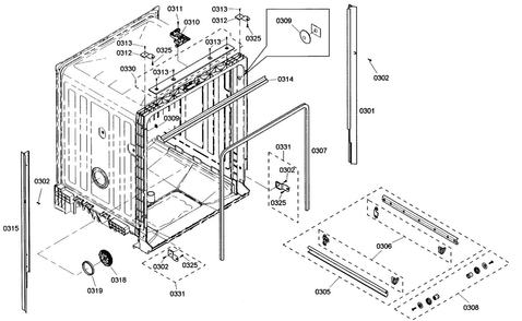 Frame Assy Diagram and Parts List for SHE5AM02UC 01 Bosch Dishwasher