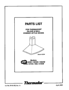 Cover Diagram and Parts List for HDW  Thermador Range Hood