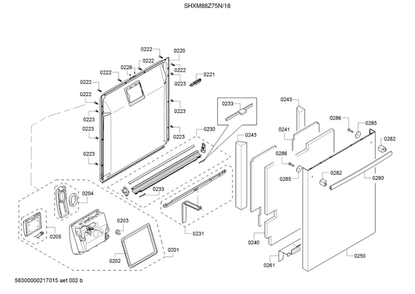 Door/Dispenser Diagram and Parts List for SHXM88Z75N 18 Bosch Dishwasher