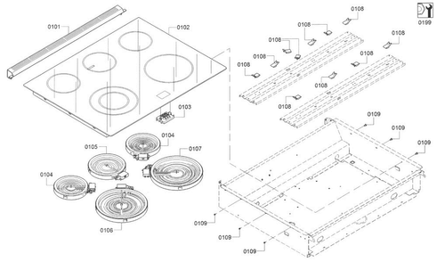 Cooktop Diagram and Parts List for HEIP054U 05 Bosch Range