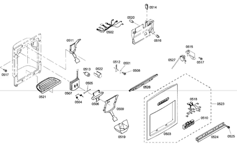 Front Panel Diagram and Parts List for KBUDT4875E 01 Thermador Refrigerator