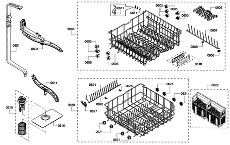 Baskets Assy Diagram and Parts List for SHE6AP02UC 02 Bosch Dishwasher