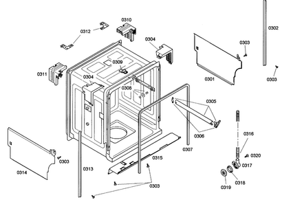 Cabinet Diagram and Parts List for SHE42L15UC 38 Bosch Dishwasher