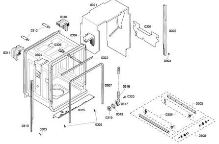 Cabinet Diagram and Parts List for SHE43F16UC 60 Bosch Dishwasher