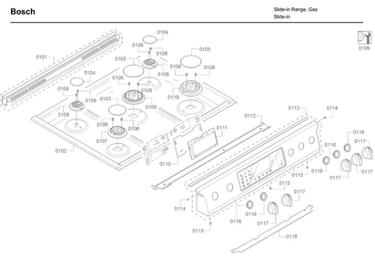 Control Panel & Burner Diagram and Parts List for HDI8054U 04 Bosch Range