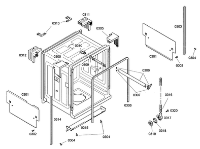 Cabinet Diagram and Parts List for SHE44C02UC 36 Bosch Dishwasher