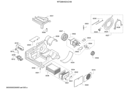 Base/Motor/Fan Wheel Diagram and Parts List for WTG86402UC 08 Bosch Dryer