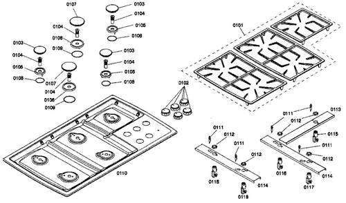 Grille Assy Diagram and Parts List for NGP945UC 01 Bosch Cooktop