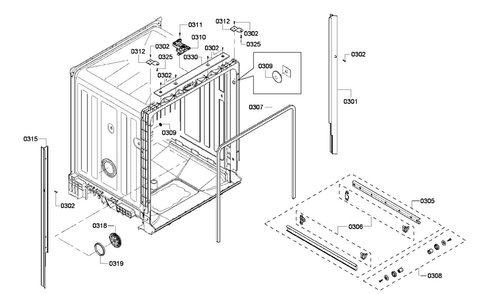 Cabinet Diagram and Parts List for SHE4AM16UC 03 Bosch Dishwasher