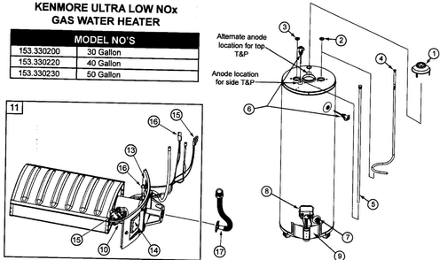 Heater Assy Diagram and Parts List for 153330230  Kenmore Water Heater