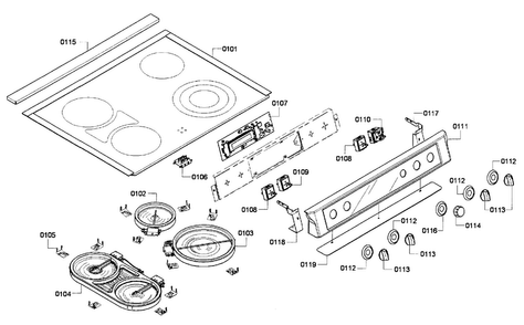 Cooktop & Control Panel Diagram and Parts List for HEI7052U 05 Bosch Range