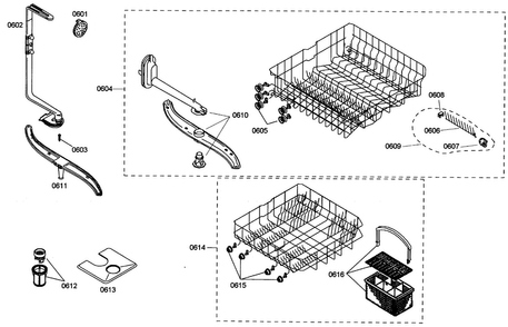 Baskets Diagram and Parts List for SHE42L16UC 36 Bosch Dishwasher