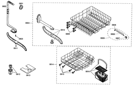 Baskets Diagram and Parts List for SHE42L16UC 40 Bosch Dishwasher