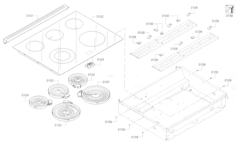 Cooktop Diagram and Parts List for HEI8054U 05 Bosch Range