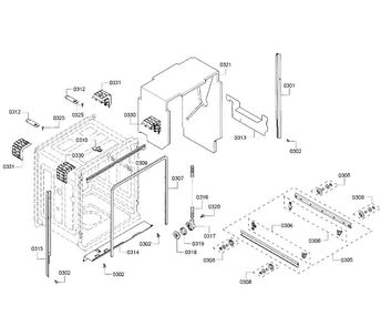 Cabinet Diagram and Parts List for SHE68R55UC 68 Bosch Dishwasher