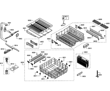 Baskets Diagram and Parts List for SHX68T52UC 01 Bosch Dishwasher