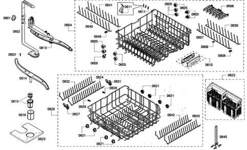 Baskets Assy Diagram and Parts List for SHE68P05UC 53 Bosch Dishwasher