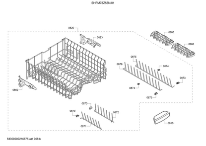Upper Rack Diagram and Parts List for SHPM78Z55N 01 Bosch Dishwasher