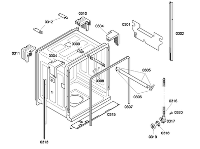Cabinet Diagram and Parts List for SHE43F06UC 52 Bosch Dishwasher