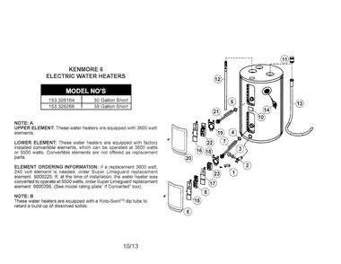 Electric Water Heater Diagram and Parts List for 153326164  Kenmore Water Heater
