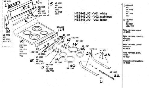 Maintop Assy Diagram and Parts List for HES445U 01 Bosch Range
