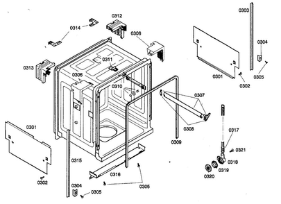 Cabinet Parts Diagram and Parts List for SHE44C07UC 22 Bosch Dishwasher