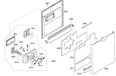 Door Assy Diagram and Parts List for SHE43P05UC 59 Bosch Dishwasher