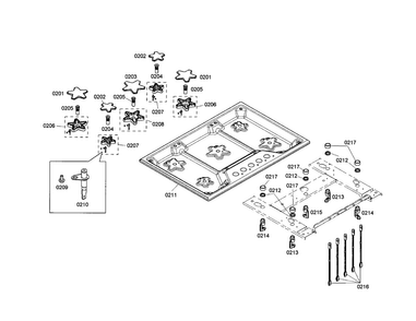 Cooktop Diagram and Parts List for SGS305FS 02 Thermador Cooktop