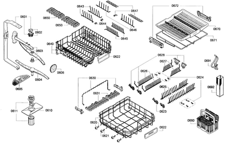 Baskets Assy Diagram and Parts List for DWHD651GFP 01 Thermador Dishwasher