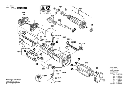 Figure 1 Diagram and Parts List for 3601GD0310 GWS14-50 Bosch Angle Grinder