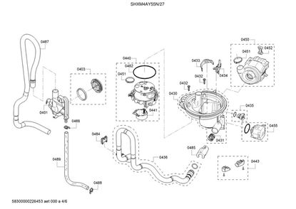 Water Inlet/Sump/Pump Diagram and Parts List for SHXM4AY55N 27 Bosch Dishwasher