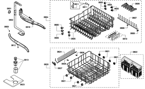 Baskets Assy Diagram and Parts List for DWHD410GPR-53  Thermador Dishwasher