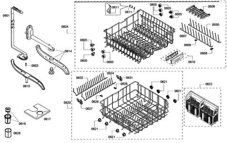 Baskets Assy Diagram and Parts List for SHV65P03UC 53 Bosch Dishwasher