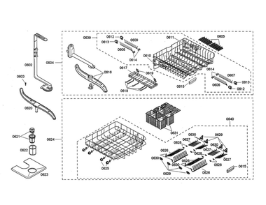 Spray Arm/Dish Racks Diagram and Parts List for SHE68M05UC 46 Bosch Dishwasher