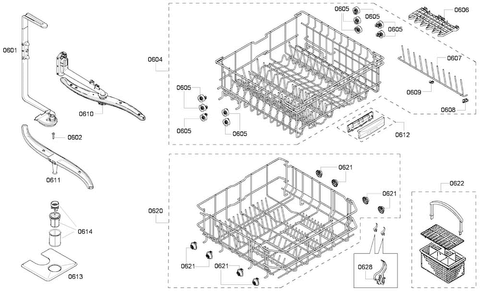 Baskets Diagram and Parts List for SHE33P06UC 60 Bosch Dishwasher