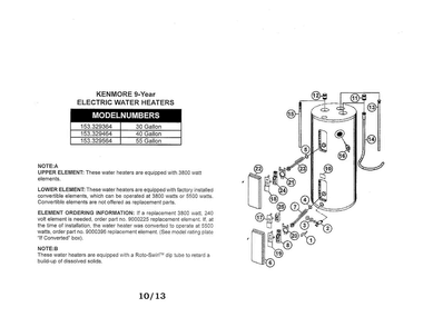 Water Heater Diagram and Parts List for 153329464  Kenmore Water Heater