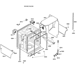 Cabinet Assy Diagram and Parts List for SHV46C13UC 38 Bosch Dishwasher