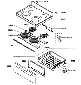 Top/drawer Diagram and Parts List for HES3023U 01 Bosch Range