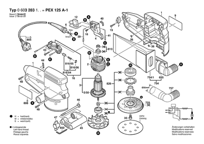 Section 1 Diagram and Parts List for PEX125A-1 0603283150 Bosch Orbital or Palm Sander